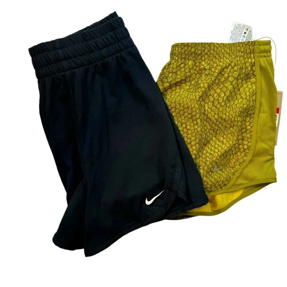 NWT NIKE Girls 2 Pair Running Gold & Training Black Athletic Shorts Size Large